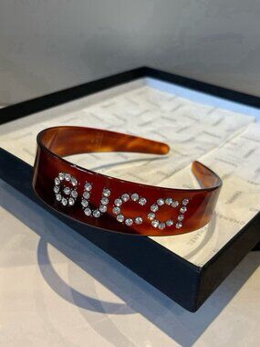 Gucci Brown Tortoiseshell Crystal Logo Headband